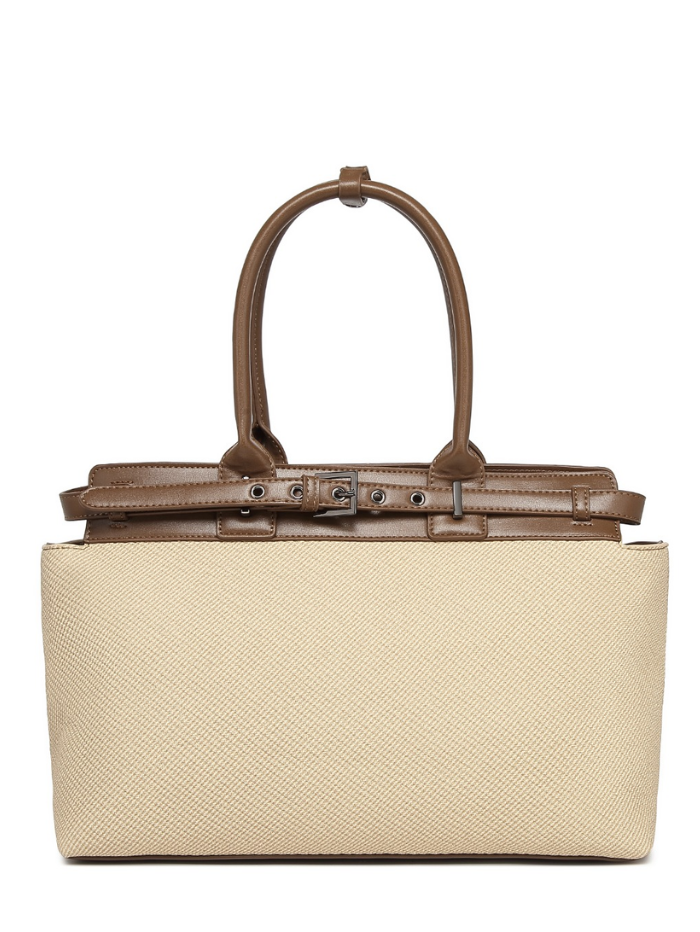 Women's Premium Jute & PU Leather Beige Structured Tote Bag