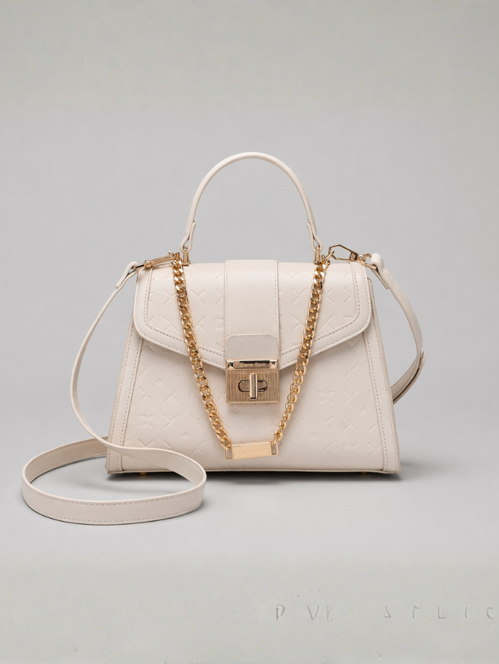 Stylish Embossed Off White Chain Lock Top Handle Sling Bag for Women