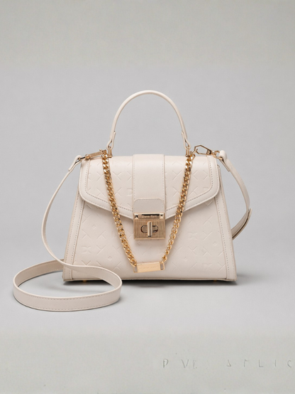 Stylish Embossed Off White Chain Lock Top Handle Sling Bag for Women