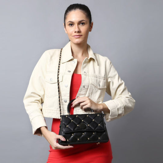 QUILTED STUDDED BLACK LUXE TOP HANDLE HANDBAG