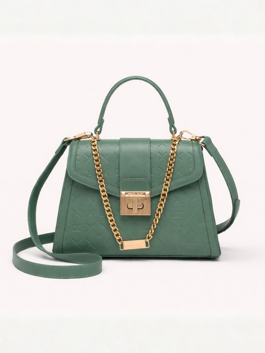 Stylish Embossed Green Chain Lock Top Handle Sling Bag for Women