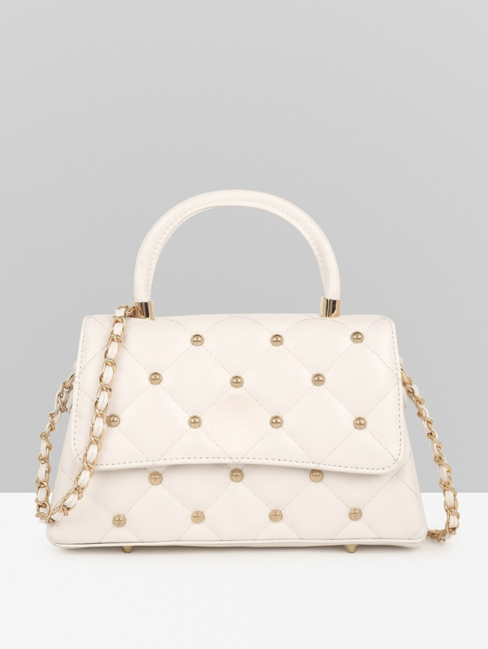 QUILTED STUDDED OFF WHITE LUXE TOP HANDLE HANDBAG