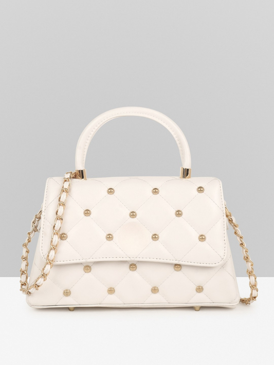 QUILTED STUDDED OFF WHITE LUXE TOP HANDLE HANDBAG
