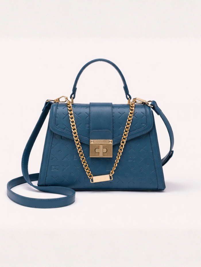 Stylish Embossed Blue Chain Lock Top Handle Sling Bag for Women