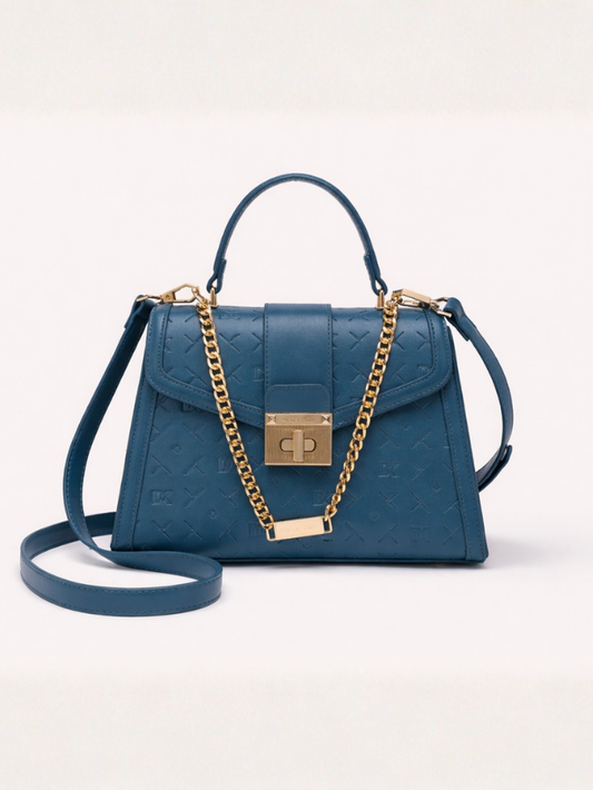 Stylish Embossed Blue Chain Lock Top Handle Sling Bag for Women