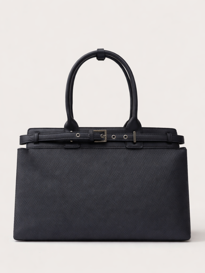 Women's Premium Jute & PU Leather Black Structured Tote Bag