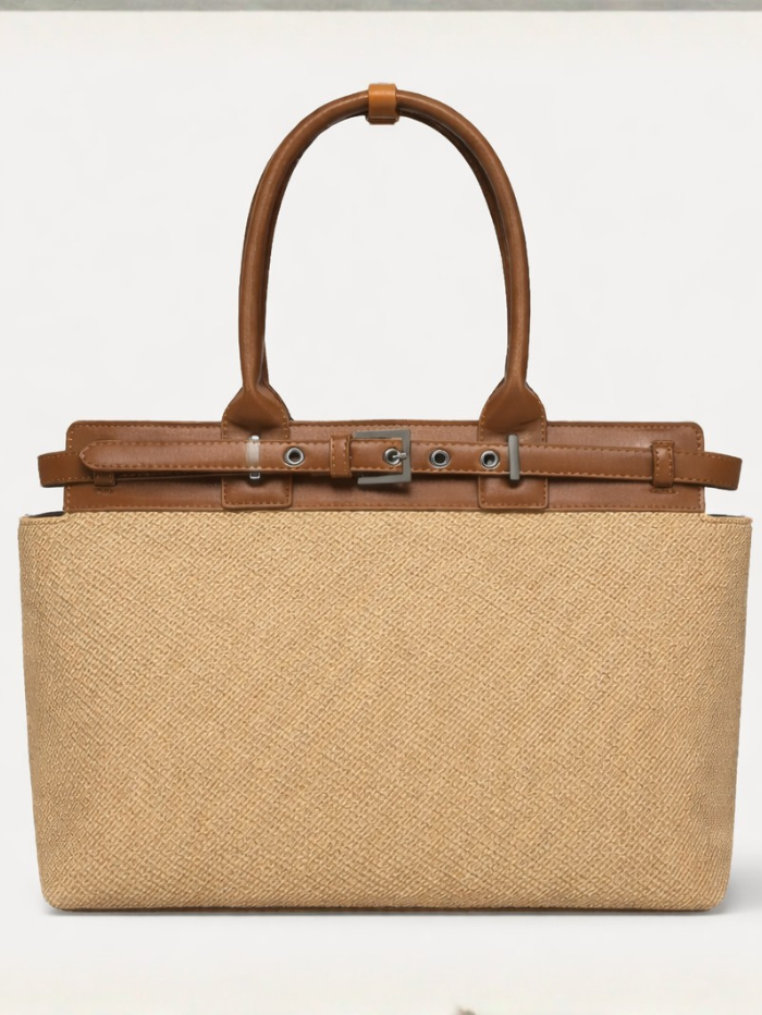 Women's Premium Jute & PU Leather Brown Structured Tote Bag