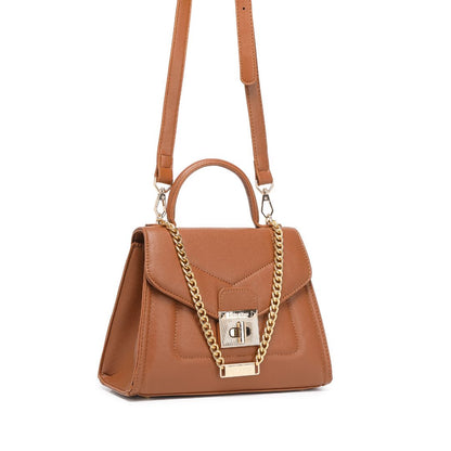 ELEGANT BROWN LOCK CHAIN STRUCTURED HANDBAG