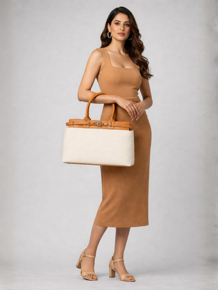 Women's Premium Jute & PU Leather Off White Structured Tote Bag