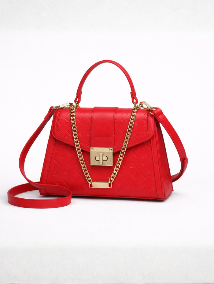 Stylish Embossed Red Chain Lock Top Handle Sling Bag for Women