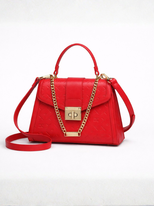 Stylish Embossed Red Chain Lock Top Handle Sling Bag for Women