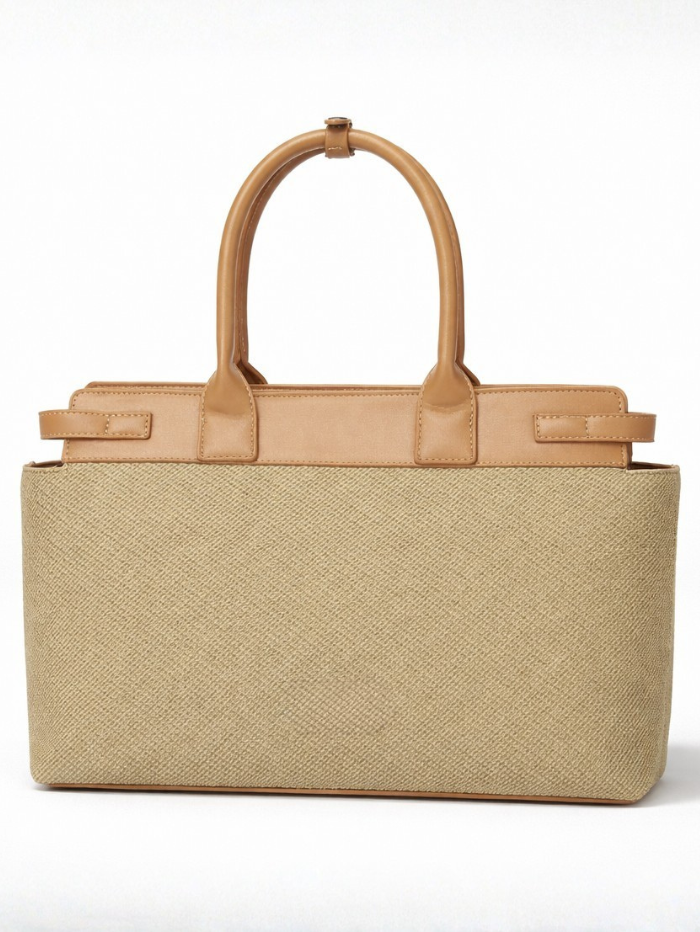 Women's Premium Jute & PU Leather Olive Green Structured Tote Bag