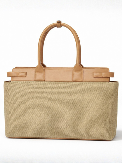Women's Premium Jute & PU Leather Olive Green Structured Tote Bag