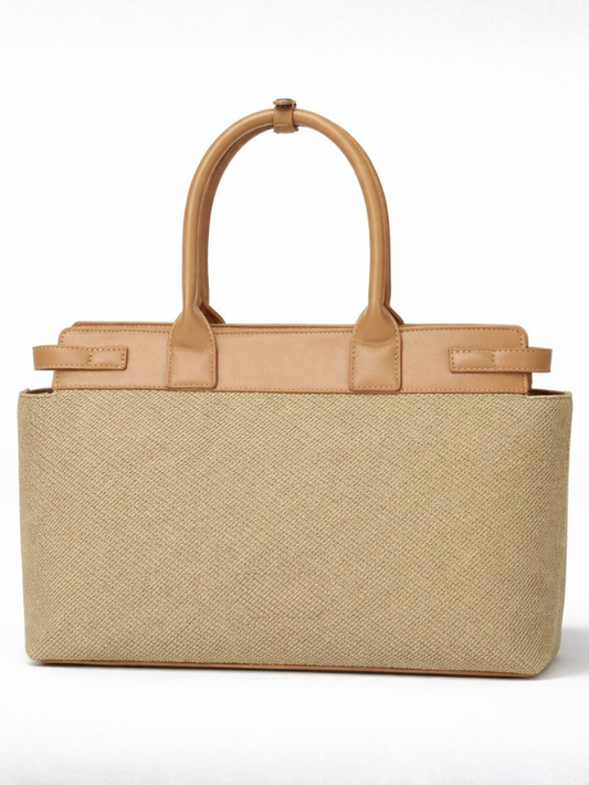 Women's Premium Jute & PU Leather Olive Green Structured Tote Bag