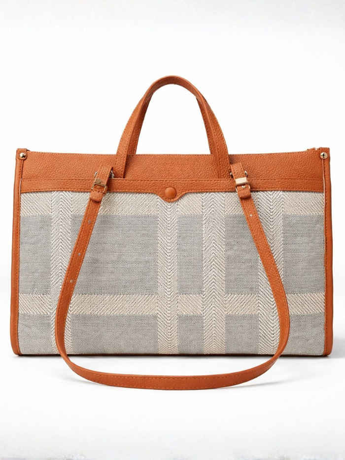 Premium Canvas & PU Leather Office Tan Travel Tote Bag for Women