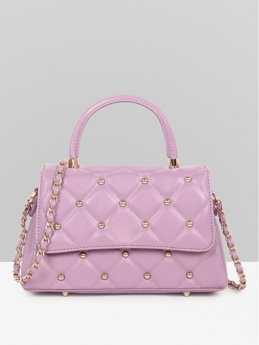 QUILTED STUDDED PURPLE LUXE TOP HANDLE HANDBAG