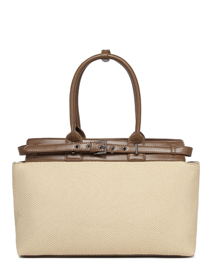 Women's Premium Jute & PU Leather Beige Structured Tote Bag
