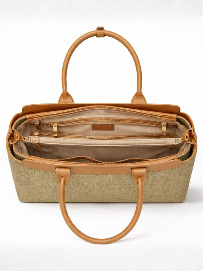 Women's Premium Jute & PU Leather Olive Green Structured Tote Bag