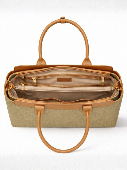 Women's Premium Jute & PU Leather Olive Green Structured Tote Bag