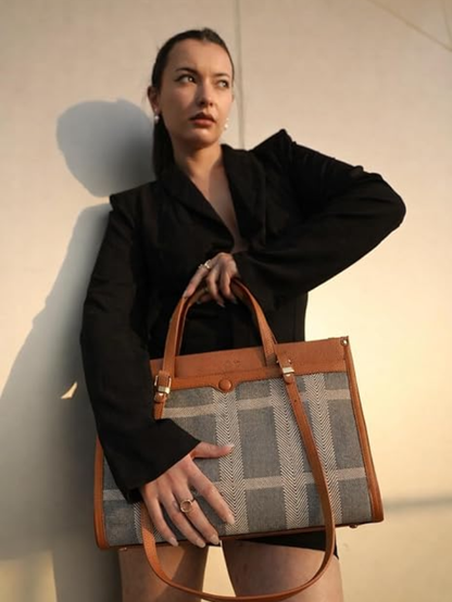 Premium Canvas & PU Leather Office Tan Travel Tote Bag for Women