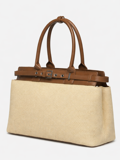 Women's Premium Jute & PU Leather Beige Structured Tote Bag
