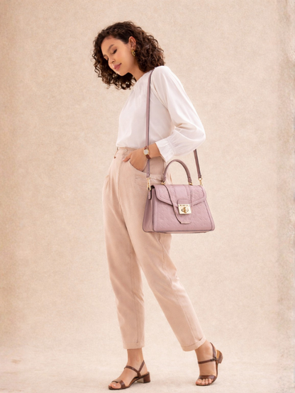 Stylish Embossed purple Chain Lock Top Handle Sling Bag for Women