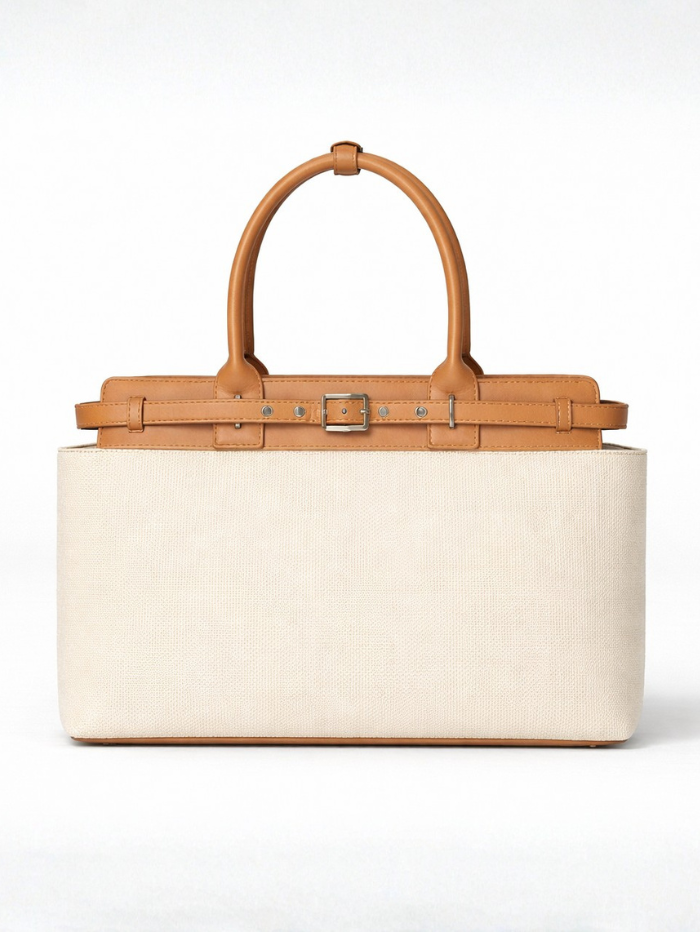 Women's Premium Jute & PU Leather Off White Structured Tote Bag