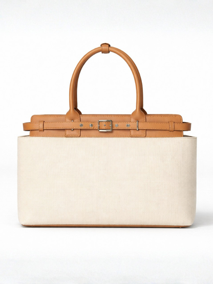 Women's Premium Jute & PU Leather Off White Structured Tote Bag
