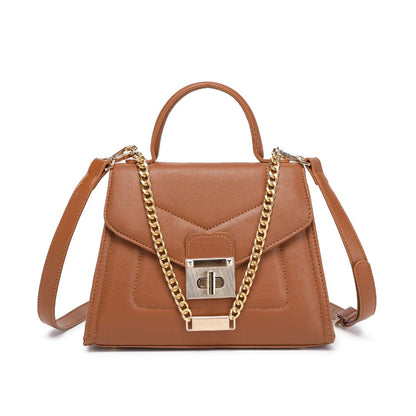 ELEGANT BROWN LOCK CHAIN STRUCTURED HANDBAG