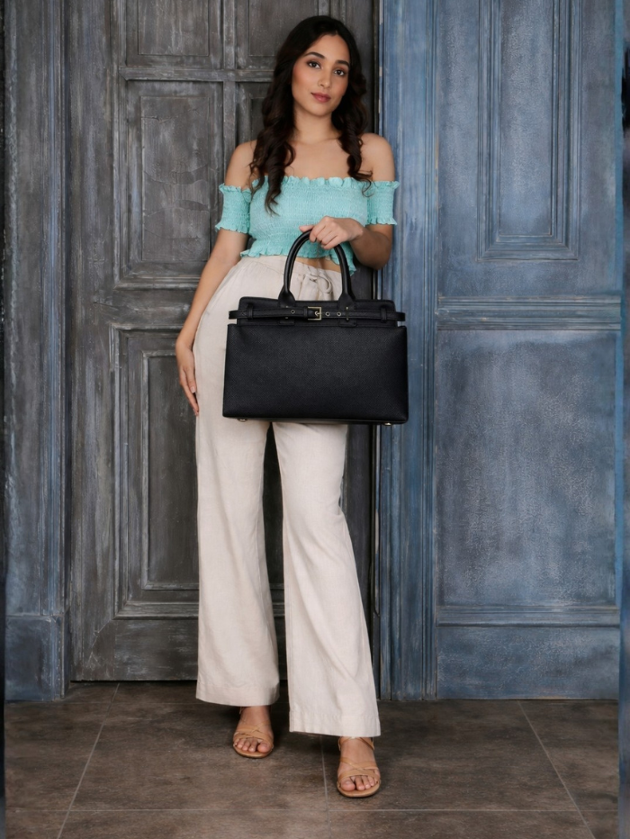 Women's Premium Jute & PU Leather Black Structured Tote Bag