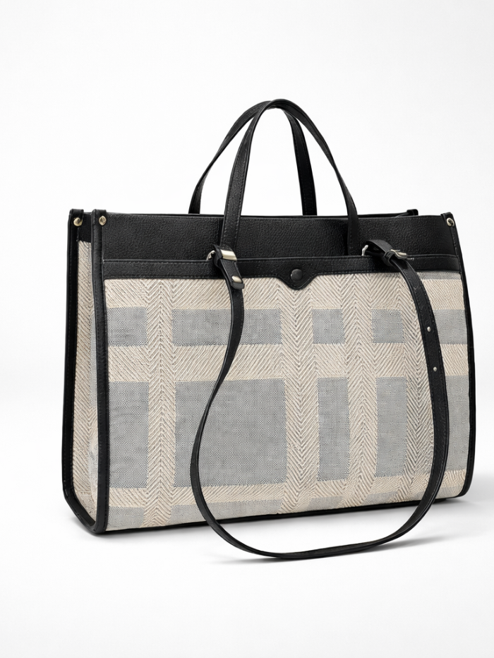 Premium Canvas & PU Leather Office Black Travel Tote Bag for Women