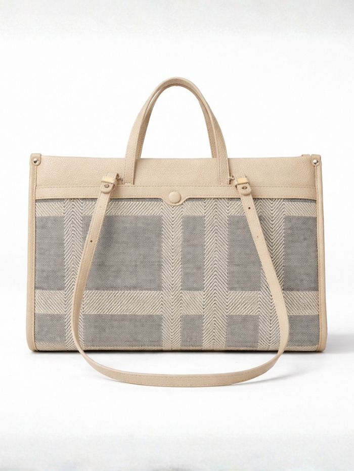 Premium Canvas & PU Leather Office Beige Travel Tote Bag for Women