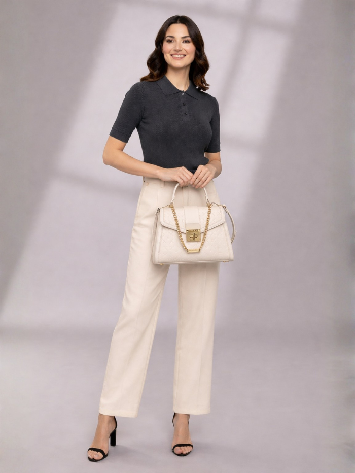 Stylish Embossed Off White Chain Lock Top Handle Sling Bag for Women
