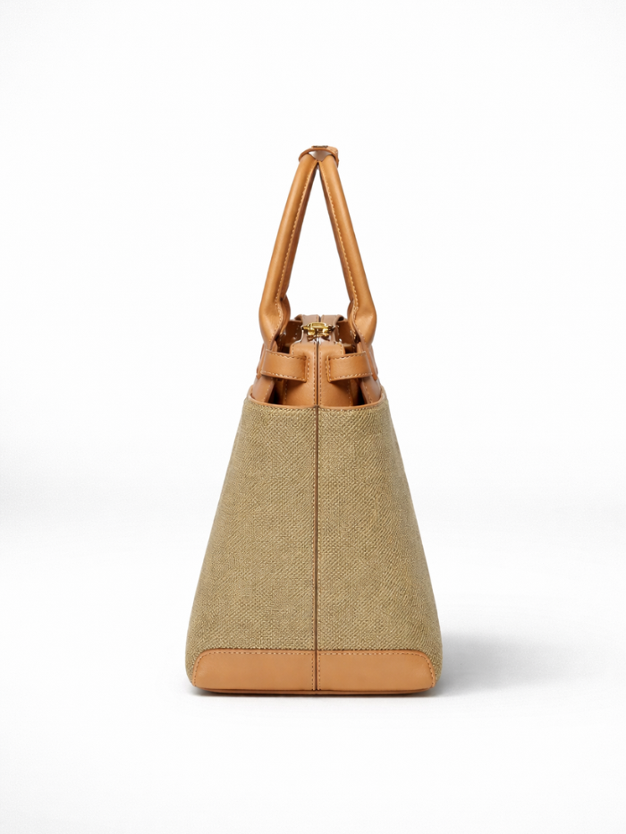 Women's Premium Jute & PU Leather Olive Green Structured Tote Bag
