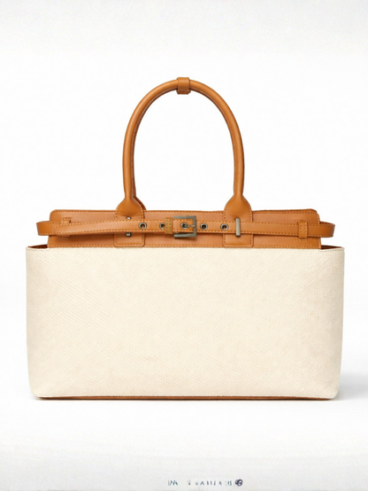 Women's Premium Jute & PU Leather Off White Structured Tote Bag