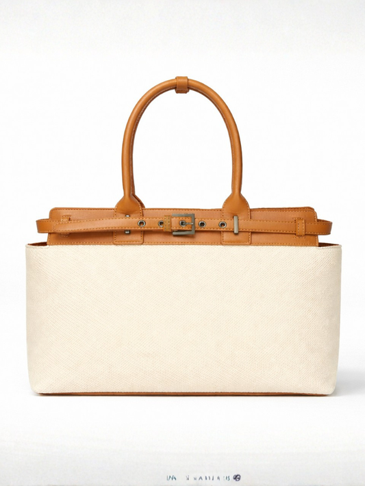 Women's Premium Jute & PU Leather Off White Structured Tote Bag