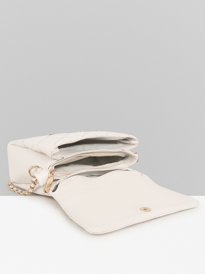 QUILTED STUDDED OFF WHITE LUXE TOP HANDLE HANDBAG