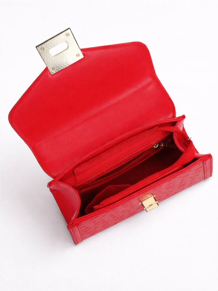 Stylish Embossed Red Chain Lock Top Handle Sling Bag for Women