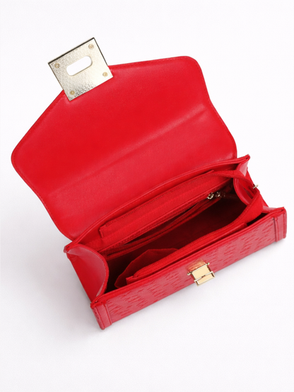 Stylish Embossed Red Chain Lock Top Handle Sling Bag for Women