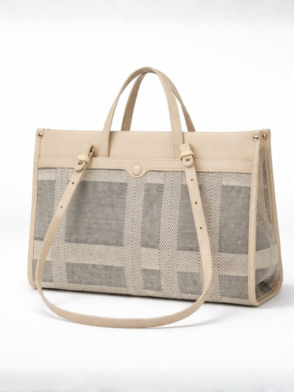Premium Canvas & PU Leather Office Beige Travel Tote Bag for Women