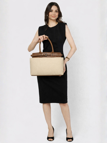 Women's Premium Jute & PU Leather Beige Structured Tote Bag
