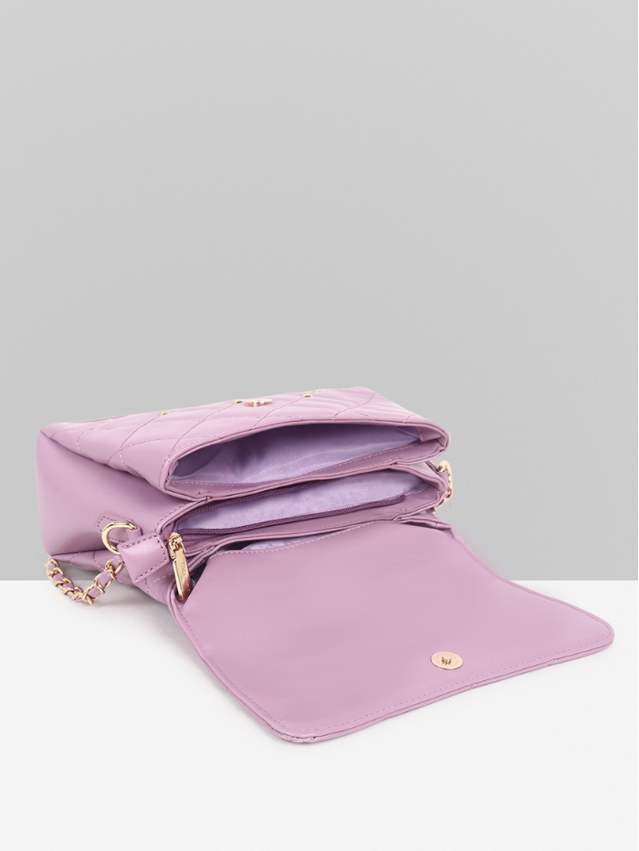 QUILTED STUDDED PURPLE LUXE TOP HANDLE HANDBAG