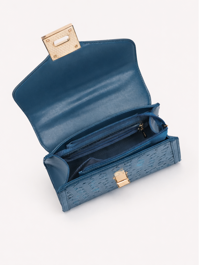 Stylish Embossed Blue Chain Lock Top Handle Sling Bag for Women