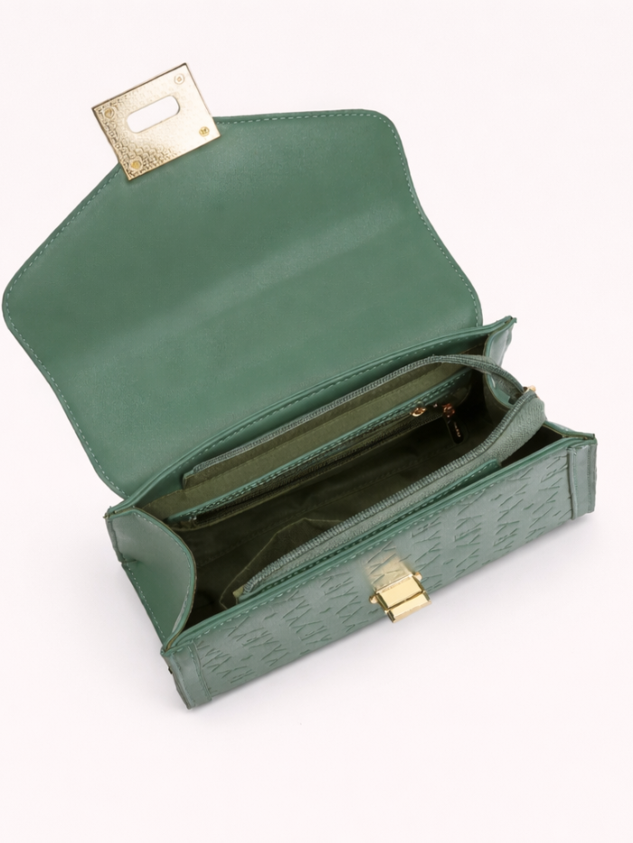 Stylish Embossed Green Chain Lock Top Handle Sling Bag for Women