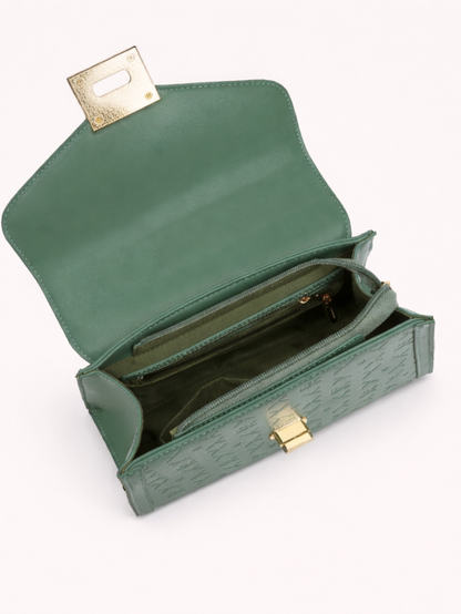 Stylish Embossed Green Chain Lock Top Handle Sling Bag for Women