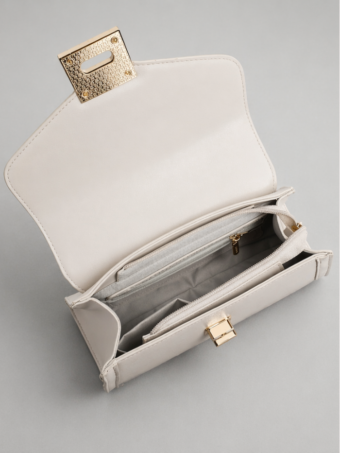 Stylish Embossed Off White Chain Lock Top Handle Sling Bag for Women