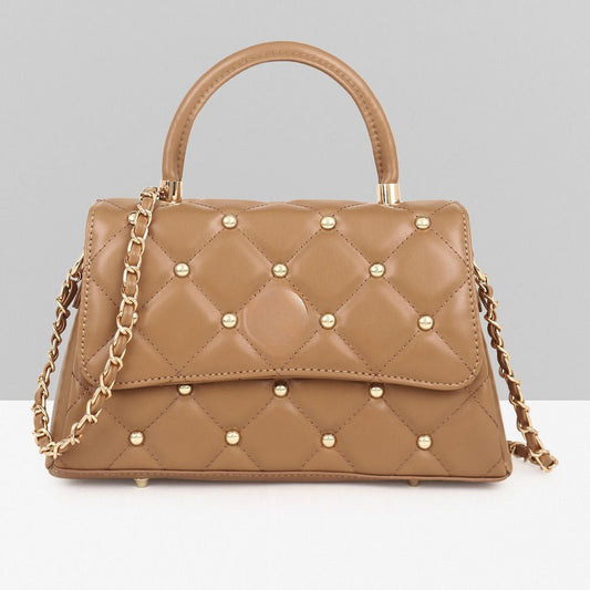 QUILTED STUDDED CAMEL LUXE TOP HANDLE HANDBAG