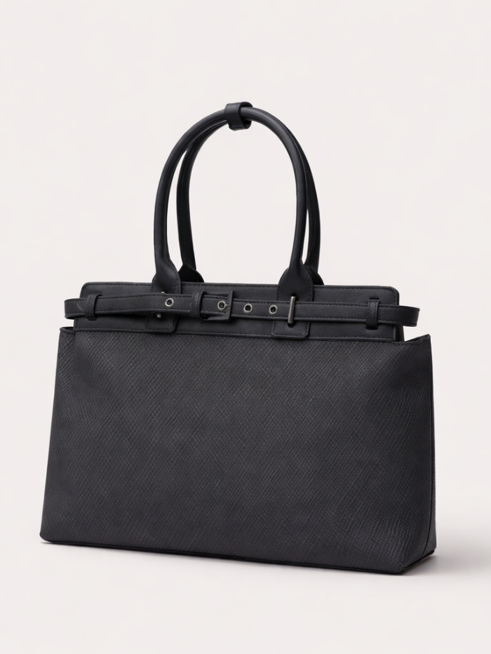Women's Premium Jute & PU Leather Black Structured Tote Bag