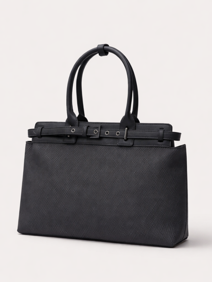 Women's Premium Jute & PU Leather Black Structured Tote Bag