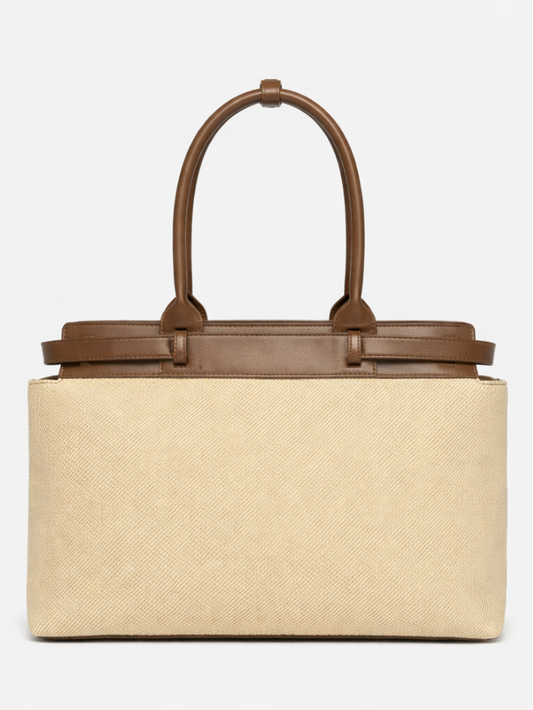 Women's Premium Jute & PU Leather Beige Structured Tote Bag